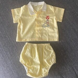 Vintage infant two piece set embroidered with a seal with a beachball